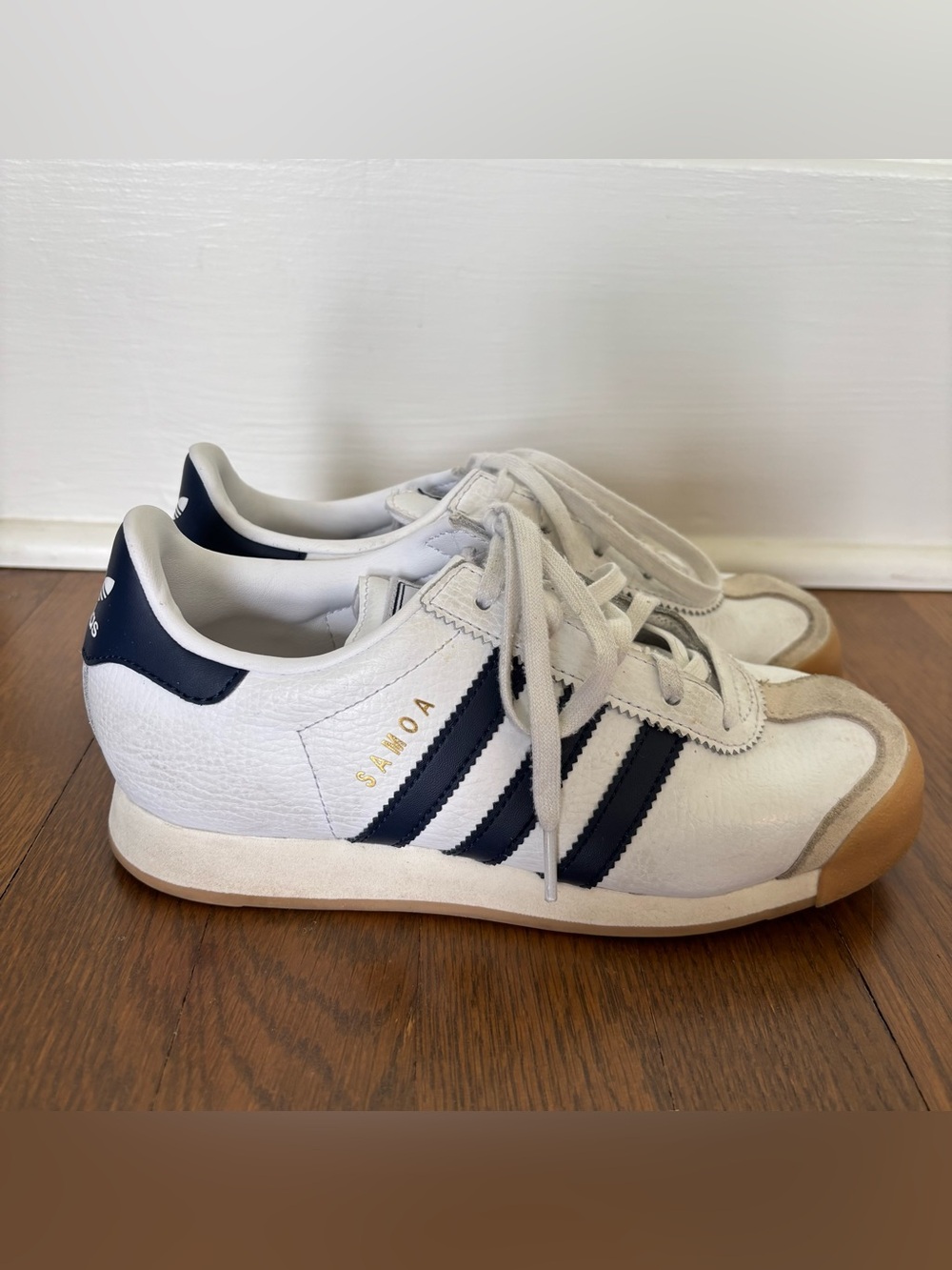 adidas White and Navy Samoa Leather Sneakers